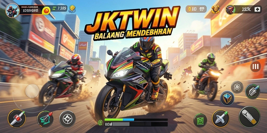 Gameplay seru JKTWIN dengan balapan motor yang menantang.