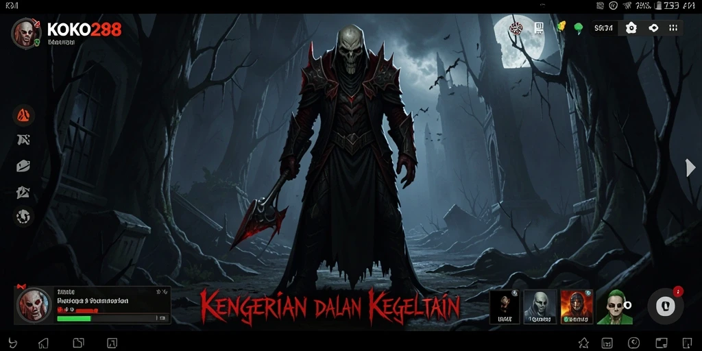Tampilan gameplay KOKO288 dengan suasana horor yang menyeramkan.