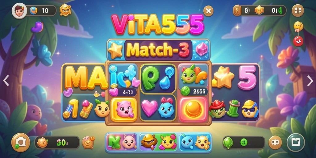 Tampilan gameplay VITA555 yang seru dalam mencocokkan item Match-3.