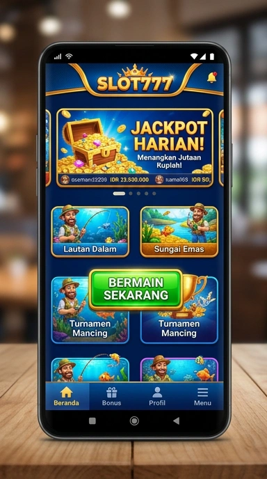 Screenshot aplikasi Slot777 saat pengguna menjelajah berbagai kategori.